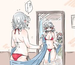  2girls back bikini blush bow braid breasts chinese_clothes commentary_request dimples_of_venus ear_blush grey_hair hairbow hand_on_own_chin hong_meiling izayoi_sakuya medium_breasts mirror multiple_girls no_headwear ponke red_bikini red_hair short_hair side-tie_bikini_bottom stroking_own_chin swimsuit touhou towel translation_request twin_braids underboob wading 