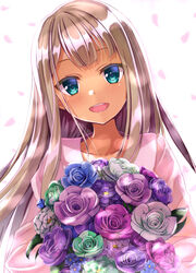  :d alessandra_susu aqua_eyes aqua_flower aqua_rose bad_id bad_pixiv_id blue_flower blue_rose blush bouquet cherry_blossoms commentary_request female flower head_tilt holding holding_bouquet light_brown_hair long_hair looking_at_viewer open_mouth petals pink_shirt purple_flower purple_rose ringed_eyes rose rurukuru shirt smile solo tan tokyo_7th_sisters upper_body white_background white_flower white_rose 