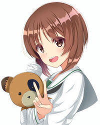  bandages blush boko_(girls_und_panzer) brown_eyes brown_hair commentary_request female from_side girls_und_panzer long_sleeves looking_at_viewer nishizumi_miho ooarai_school_uniform rurukuru school_uniform serafuku shirt short_hair simple_background stuffed_animal stuffed_toy teddy_bear upper_body v white_background white_shirt 