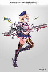  aircraft airplane anchor anti-aircraft_gun belt black_footwear blonde_hair blue_eyes boots breasts brown_belt character_name commentary_request copyright_name elbow_gloves f2a_buffalo female full_body g.h_(gogetsu) gloves grey_background hair_ornament hairclip hat highres knee_boots large_breasts leg_up mecha_musume military military_vehicle miniskirt navel official_art pointing pointing_at_viewer rigging sailor sailor_collar sailor_hat sailor_shirt shirt skirt sleeveless solo tattoo thighhighs trigger_discipline warship_girls_r yorktown_(warship_girls_r) zettai_ryouiki 