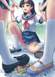  3boys 5girls bad_id bad_pixiv_id blood bullying commentary_request death english_text forced giant giantess highres manzi md5_mismatch mini_person miniboy multiple_boys multiple_girls original panties peeing peeing_self school_uniform serafuku shoes single_shoe tears underwear urine 