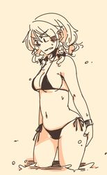  bikini bow braid breasts commentary_request female hairbow izayoi_sakuya medium_breasts monochrome ponke short_hair side-tie_bikini_bottom solo swimsuit touhou twin_braids underboob wading 