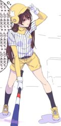  adjusting_clothes adjusting_headwear akagi_asahito baseball_bat baseball_helmet baseball_uniform blue_eyes brown_hair commentary_request female gloves helmet highres long_hair long_sleeves softball softball_uniform solo sportswear tamasaka_makoto tokyo_7th_sisters translated 