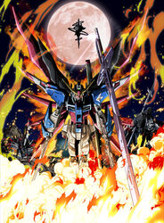  absurdres aile_strike_gundam artist_request destiny_gundam fire freedom_gundam gundam gundam_seed gundam_seed_destiny highres mecha moon no_humans official_art robot shield strike_gundam sword weapon 