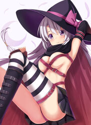  arm_up ass ayachi_nene bad_id bad_pixiv_id belt black_footwear black_skirt blush boots bow breasts cape closed_mouth commentary crescent detached_sleeves feathers female hat knee_boots large_breasts long_hair pink_bow purple_eyes rurukuru sanoba_witch silhouette silver_hair single_thighhigh skirt smile solo striped_bow striped_clothes striped_thighhighs symbol-only_commentary thighhighs very_long_hair white_background witch witch_hat 