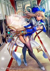  armor blonde_hair book breasts chains cleavage cleavage_cutout clothing_cutout commentary company_name copyright_name crystal dated dated_commentary ddongu female fishnets gloves granatha_eternal hallway hand_on_own_chest hat high_heels highres large_breasts leaning_forward lipstick long_hair looking_at_viewer magic_circle makeup official_art open_book pauldrons photoshop_(medium) purple_eyes shoulder_armor smile solo thighhighs 