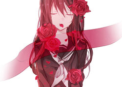  black_sailor_collar black_serafuku brown_hair closed_eyes commentary facing_viewer female flower flywinga7 hair_between_eyes hair_flower hair_ornament hairclip kagerou_project long_hair long_sleeves mouth_hold neckerchief no_scarf parted_lips petal_in_mouth petals photoshop_(medium) red_flower red_rose red_scarf red_theme rose rose_petals sailor_collar scarf school_uniform serafuku simple_background solo tateyama_ayano tears upper_body water_drop white_background white_neckerchief 