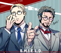  2boys animification avengers_(series) blonde_hair bow bowtie commentary_request formal jewelry jo_(artist) male_focus marvel marvel_cinematic_universe multiple_boys pointing ring steve_rogers suit sunglasses the_man_from_u.n.c.l.e. tony_stark traditional_bowtie 