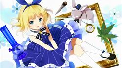  blonde_hair blue_dress blunt bong bow bunny dress edit female gochuumon_wa_usagi_desu_ka? gochuumon_wa_usagi_desuka? green_eyes kirima_sharo marijuana stoned watch weed 