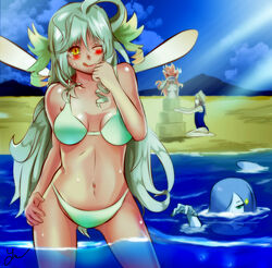  4girls absurdres ahoge alternate_form aqua_eyes artist_name beach bikini blue_hair blush breasts brown_hair cleavage closed_eyes cloud commentary_request day drill_hair facepalm gnome_(mon-musu_quest!) green_hair groin hair_over_one_eye hand_on_own_thigh hat highres jamjamstyle lips long_hair medium_breasts mon-musu_quest! mountain multiple_girls navel no_mouth no_nipples nude one-piece_swimsuit one_eye_closed one_eye_covered orange_hair outdoors outline parted_bangs partially_submerged photoshop_(medium) reflection salamander_(mon-musu_quest!) sand_castle sand_sculpture shadow shiny_skin sidelocks sky sparkle sunlight sweatdrop swimsuit sylph_(mon-musu_quest!) tail tongue tongue_out undine_(mon-musu_quest!) water yellow_eyes 