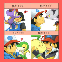  1boy affectionate aipom alternate_costume baseball_cap bayleef black_hair commentary_request fingerless_gloves gloves hat heart kiss_chart kissing multiple_drawing_challenge pidove pokemon pokemon_(anime) pokemon_(creature) raku_(rairaku345) satoshi_(pokemon) smile snivy 