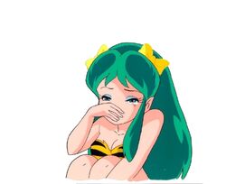  80s bikini breasts crying female green_hair horns lum oldschool oni simple_background solo swimsuit tears urusei_yatsura whimper white_background 