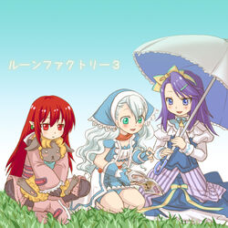  3girls animal aqua_eyes arms_up blue_eyes blush blush_stickers bow bowtie commentary_request dress earrings fingerless_gloves gloves hair_ornament hair_ribbon hairclip happy head_scarf indian_style jewelry karin_(rune_factory) leaning leaning_forward long_hair magazine_(object) mice_(rune_factory) mishiyomi_kazumi multiple_girls pants parasol pointy_ears purple_eyes purple_hair red_eyes red_hair ribbon rune_factory rune_factory_3 scarf seiza silver_hair sitting skirt sofia_jalapeno_viviage text_focus toona umbrella 