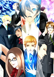  2girls 6+boys andre_roland_jean_gerard black-framed_eyewear black_hair blonde_hair blue_eyes blue_hair bow brown_hair commentary_request everyone fushimi_chihiro gekkoukan_high_school_uniform glasses hair_over_one_eye hand_fan hiraga_keisuke long_hair miyamoto_kazushi multiple_boys multiple_girls nishiwaki_yuuko odagiri_hidetoshi parody persona persona_3 persona_4 ribbon school_uniform short_hair smile soppy suemitsu_nozomi tomochika_kenji yuuki_makoto_(persona_3) 