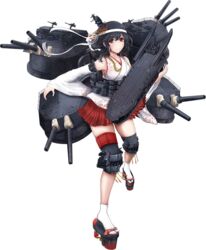  black_hair cannon closed_mouth detached_sleeves female flight_deck floral_print full_body hair_ornament hair_ribbon headband hull_shoes japanese_clothes kantai_collection kanzashi kimono knee_pads legs light_smile looking_at_viewer miniskirt nontraditional_miko red_eyes ribbon rigging rikka_(rikka331) sandals short_hair skirt solo tabi tassel thigh_strap transparent_background turret white_ribbon wide_sleeves yamashiro_(kancolle) yamashiro_kai_ni_(kancolle) 