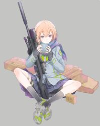  bike_shorts bike_shorts_under_skirt black_shorts blonde_hair bolt_action commentary female full_body fuyuno_haruaki grey_background gun indian_style little_armory pleated_skirt purple_eyes reebok remington_model_700 rifle sawashiro_touko scarf school_uniform shoes short_hair shorts shorts_under_skirt sitting skirt sneakers sniper_rifle solo suppressor weapon 