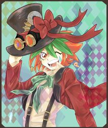  1boy ;d bad_id bad_pixiv_id blazer bow dyed_bangs earrings goggles goggles_on_headwear green_hair hat highres jacket jewelry male_focus multicolored_hair one_eye_closed open_mouth pendant red_eyes red_hair sakaki_yuya smile solo suspenders top_hat yellowking_hiro yu-gi-oh! yu-gi-oh!_arc-v 