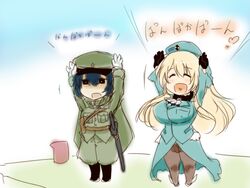  1boy arms_up atago_(kancolle) beret black_eyes black_gloves blonde_hair blue_hair blush breasts closed_eyes commentary_request dandara_(karakure) female gloves hat kantai_collection large_breasts long_hair military military_police military_uniform open_mouth original pan-pa-ka-paaan! pantyhose short_hair smile translated uniform 