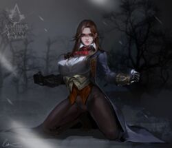  arno_dorian assassin&#039;s_creed:_unity assassin&#039;s_creed_(series) bracer breasts brown_eyes brown_hair clenched_hand coat commentary_request crotch_seam female genderswap_(mtf) gloves highres kneeling large_breasts long_hair looking_at_viewer lsr night pants rule_63 solo tree 