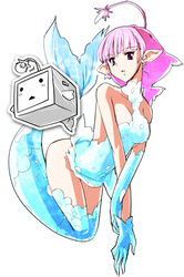  bare_shoulders breasts commentary_request female gloves highres looking_at_viewer medium_breasts mermaid monster_girl niconico original photoshop_(medium) pink_hair pointy_ears red_eyes simple_background solo tail tani_takeshi white_background 