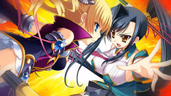  2girls anime_screenshot bare_shoulders battle black_hair blonde_hair blue_eyes breasts closed_mouth detached_sleeves drill_hair duel eyebrows fingernails frilled_sleeves frills from_side gem hair_ornament hair_ribbon heads_together holding holding_weapon jewelry jpeg_artifacts kan&#039;u_(koihime_musou) kantaka katagiri_hinata koihime_enbu koihime_musou large_breasts long_hair looking_at_another multiple_girls non-web_source open_mouth orange_eyes outstretched_hand pink_ribbon ponytail ribbon sideboob skirt small_breasts sousou_(koihime_musou) upper_body very_long_hair weapon 