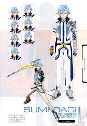  1boy 3d absurdres armor blue_eyes blue_hair elf gauntlets gloves highres male_focus multiple_views official_art pointy_ears reference_sheet scan shoulder_armor simple_background sumeragi_(sao) sword sword_art_online sword_art_online:_lost_song weapon white_background 