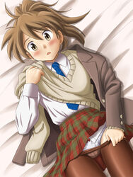  blush brown_eyes brown_hair clothes_pull commentary_request crotch_seam female highres lielos long_hair lying on_back original panties pantyhose pantyhose_pull pantyshot poniko_(lielos) ponytail school_uniform solo sweater_vest underwear undressing white_panties 