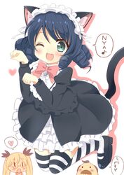  1boy 2girls :3 ;d animal_ears arisugawa_maple bell black_hair black_ribbon black_shirt black_skirt blonde_hair blush bow bowtie brown_hair cat_ears cat_girl cat_tail center_frills chatsune_(white_lolita) collared_shirt commentary_request cyan_(show_by_rock!!) eighth_note facial_hair frilled_hairband frilled_shirt_collar frilled_skirt frills glasses gothic_lolita green_eyes hair_ribbon hairband head_tilt heart implied_pantyshot jingle_bell juliet_sleeves lolita_fashion long_hair long_sleeves looking_at_viewer moustache multiple_girls musical_note oerba_yun_fang one_eye_closed open_mouth pink_bow pink_bowtie puffy_sleeves retoree_(show_by_rock!!) ribbon ringlets romaji_text shirt show_by_rock!! simple_background skirt smile solid_circle_eyes spoken_heart striped_clothes striped_thighhighs tail thighhighs translated twintails white_background white_hairband |_| 