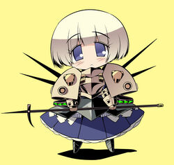  armor armored_dress bad_id bad_pixiv_id blonde_hair blue_eyes blush chibi female phalanx_(sekaiju) phalanx_2_(sekaiju) polearm polehammer sekaiju_no_meikyuu sekaiju_no_meikyuu_3 serebi_ryousangata short_hair solo spikes weapon 