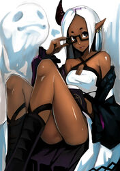  absurdres adjusting_eyewear bare_shoulders commentary dark-skinned_female dark_skin ear_piercing female glasses highres horns legs lips long_hair original piercing single_horn solo thighs weien white_hair 