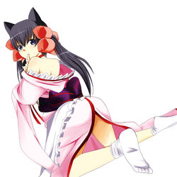  animal_ears bad_id bad_pixiv_id bare_shoulders black_hair blue_eyes blush bow commentary_request female hair_ribbon highres hijiri-tukasa japanese_clothes kneeling long_hair looking_back open_mouth otome_youkai_zakuro pink_bow ribbon socks solo white_socks zakuro_(otome_youkai_zakuro) 