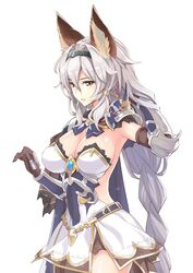  amano_yuu animal_ears armor braid breasts cat_ears commentary_request erune female gloves granblue_fantasy grey_hair hairband heles large_breasts long_hair shoulder_pads simple_background single_braid solo white_background 