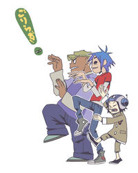  ! 2boys a-ka antennae black_hair blue_hair commentary_request denim empty_eyes female gorillaz hat helmet jeans lolicon multiple_boys murdoc_niccals noodle_(gorillaz) pants parody russel_hobbs shirt simple_background stuart_pot t-shirt yotsubato! yotsubato!_pose 