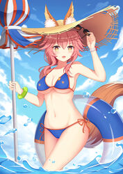  animal_ears bikini blue_bikini breasts commentary day ears_through_headwear fate/grand_order fate_(series) female fox_ears fox_girl fox_tail hat highres holding holding_umbrella innertube large_breasts long_hair looking_at_viewer md5_mismatch muq navel parasol photoshop_(medium) pink_hair resolution_mismatch side-tie_bikini_bottom sky solo source_smaller sun_hat sunglasses swim_ring swimsuit tail tamamo_(fate) tamamo_no_mae_(swimsuit_lancer)_(fate) umbrella wading yellow_eyes 