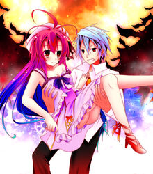  1boy ahoge blue_hair carrying choker commentary_request couple demon_wings dress female gradient_hair grey_hair hat highres itsuka_tenma_no_kuro_usagi kurogane_taito long_hair mii_aki multicolored_hair princess_carry purple_hair red_eyes saito_himea school_uniform short_hair smile straight very_long_hair wings 