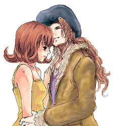  1boy anti-gravity_hair couple cowboy curled_hair female final_fantasy final_fantasy_viii irvine_kinneas long_hair love lowres oekaki overall selphie_tilmitt simple_background western white_background 