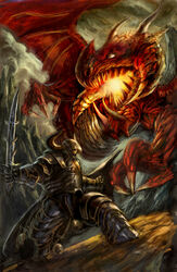  armor bad_id bad_pixiv_id battle dragon fire gauntlets helmet highres horns korlash_heir_to_blackblade magic:_the_gathering no_humans photoshop_(medium) shousuke_(skirge) skull sword tarox_bladewing weapon western_dragon 