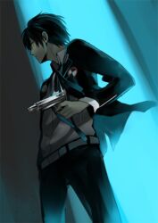  1boy black_hair black_jacket black_ribbon blazer collared_shirt commentary_request cowboy_shot dress_shirt evoker gekkoukan_high_school_uniform gun holding holding_gun holding_weapon jacket long_sleeves male_focus neck_ribbon open_clothes open_jacket persona persona_3 persona_3_portable ribbon school_uniform shiro96 shirt solo weapon white_shirt wing_collar yellow_eyes yuuki_makoto_(persona_3) 