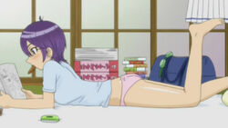  bag bed book cellphone female food glasses goggles kenkou_zenrakei_suieibu_umishou lying mouth_hold no_pants orizuka_momoko panties phone pink_panties purple_hair reading school_uniform shirt solo underwear 