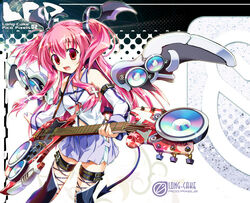  angel_beats! ankle_lace-up commentary_request cross-laced_footwear ein_(long_cake) female guitar hair_ornament head_wings instrument long_hair oerba_yun_fang pink_hair red_eyes school_uniform serafuku shinda_sekai_sensen_uniform solo tail thigh_strap thighhighs two_side_up wings yui_(angel_beats!) 