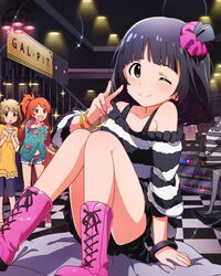  3girls ;) artist_request black_hair bracelet brown_eyes brown_hair idolmaster idolmaster_million_live! jewelry multiple_girls nakatani_iku official_art ogami_tamaki one_eye_closed smile suou_momoko tint_me_(idolmaster) v 