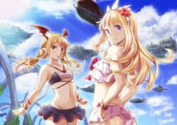  2girls alternate_costume alternate_hairstyle arched_back ass bare_shoulders bikini bikini_skirt black_skirt blonde_hair cagliostro_(granblue_fantasy) cloud cloudy_sky commentary_request cowboy_shot day floating_island frilled_bikini frills funyariko granblue_fantasy grancypher_(granblue_fantasy) hair_between_eyes hairband halterneck head_wings highleg highleg_bikini lips long_hair looking_at_viewer low_twintails midriff multiple_girls navel open_mouth outdoors pink_bikini pointy_ears purple_eyes red_eyes shingeki_no_bahamut skirt sky smile swimsuit twintails vampy white_bikini wings 