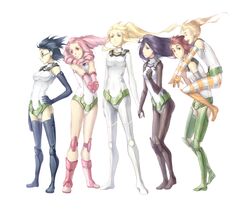  6+girls alternate_costume black_hair blonde_hair bodysuit boots brown_eyes carrying cousins drill_hair full_body glasses green_eyes hakamichi_shizune ibarazaki_emi ikezawa_hanako kamifish katawa_shoujo long_hair mikado_shiina multiple_girls piggyback pink_hair purple_hair red_hair satou_lilly short_hair standing tezuka_rin thighhighs twin_drills twintails 