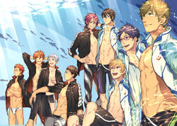  6+boys arms_behind_head black_hair blonde_hair blue_eyes blue_hair blush brown_hair commentary_request crossed_arms dethmath free! glasses green_eyes groin hazuki_nagisa jacket jacket_on_shoulders jammers leaning_forward male_focus male_swimwear matsuoka_rin mikoshiba_momotarou mikoshiba_seijuurou mole multiple_boys nanase_haruka_(free!) navel nitori_aiichirou open_mouth orange_hair pink_eyes purple_eyes red-framed_eyewear red_hair ryuugazaki_rei sharp_teeth smile swim_briefs tachibana_makoto teeth topless_male yamazaki_sousuke 