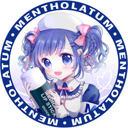  :d absurdres armband blue_eyes blue_hair blush border braid commentary_request copyright_name english_text female highres lipstick little_nurse looking_at_viewer makeup medium_hair mentholatum nail_polish nurse open_mouth pink_nails rabbitruu round_image short_hair short_twintails smile solo twintails upper_body 