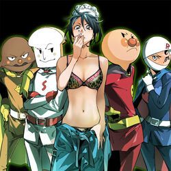  2girls 3boys anpanman anpanman_(character) batako_(anpanman) belt bra braid breasts cigarette cleavage commentary_request crossed_arms currypanman lingerie medium_breasts midriff multiple_boys multiple_girls navel panties photoshop_(medium) popqn rollpanna shokupanman smoking underwear what 