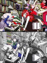  4girls :d :o ^_^ anger_vein arm_up bat_wings blonde_hair book book_stack boots brown_dress carrying chandelier closed_eyes commentary_request crescent cross-laced_footwear dress embarrassed falling fangs flandre_scarlet head_wings highres hip_attack izayoi_sakuya koakuma library long_hair low_wings maid maid_headdress mary_janes multiple_girls necktie open_mouth patchouli_knowledge photoshop_(medium) purple_eyes purple_hair red_eyes red_hair shaded_face shoes smile sweatdrop tears time_stop touhou turn_pale umami_(sakeikura) v-shaped_eyebrows voile wings 