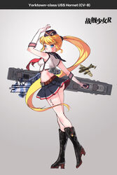  ass b-25_mitchell black_footwear blonde_hair blue_eyes boots character_name commentary_request copyright_name crop_top crop_top_overhang elbow_gloves female full_body g.h_(gogetsu) garrison_cap gloves grey_background hat highres hornet_(warship_girls_r) knee_boots long_hair looking_back mecha_musume midriff military military_vehicle miniskirt official_art ponytail rigging sailor_collar sailor_hat sailor_shirt ship shirt skirt smile solo tattoo very_long_hair warship warship_girls_r watercraft waving weapon 