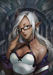  absurdres bare_shoulders blue_eyes breasts collarbone commentary ear_piercing female glasses highres horns large_breasts lips long_hair open_mouth original photoshop_(medium) piercing single_horn solo weien white_hair 