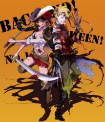  1boy :p baccano! bad_id bad_pixiv_id bandages belt blonde_hair blood breasts brown_eyes choker cleavage closed_eyes commentary_request female flower glowing glowing_eyes hair_flower hair_ornament halloween hat heterochromia highres katana long_coat long_hair maria_barcelito medium_breasts nakumonaga_uma purple_hair rose scar scissors short_hair smile stitches sword tick_jefferson tongue tongue_out weapon yellow_eyes 